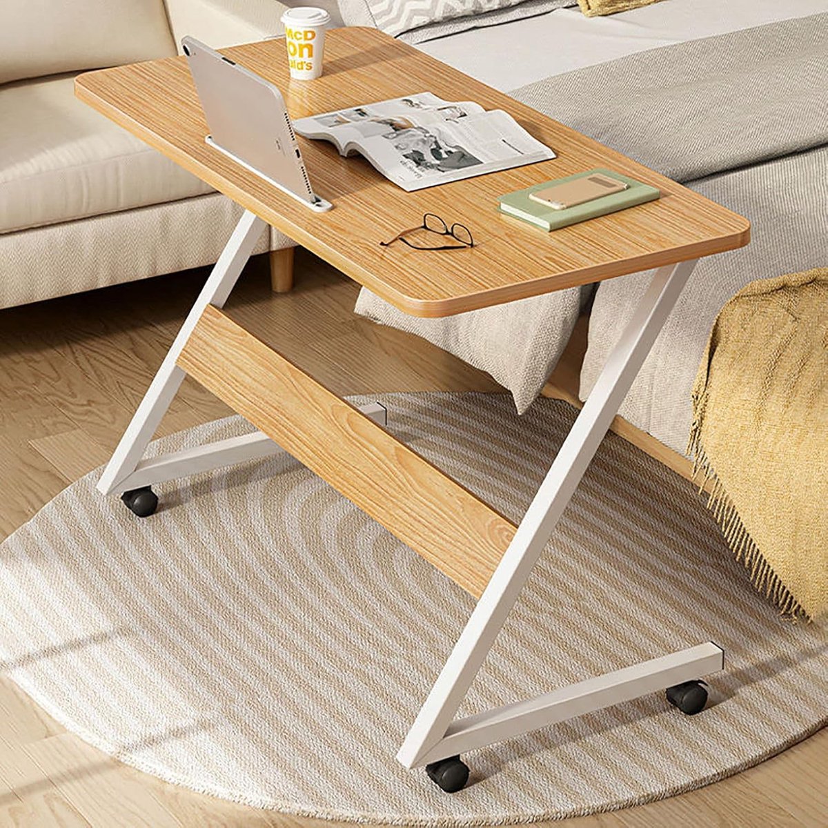 Bijzettafel met wielen - Bedtafel laptoptafel - Studeren en lezen - Z-vormig ontwerp - Hoogte 30 inch - Natuurlijk hout