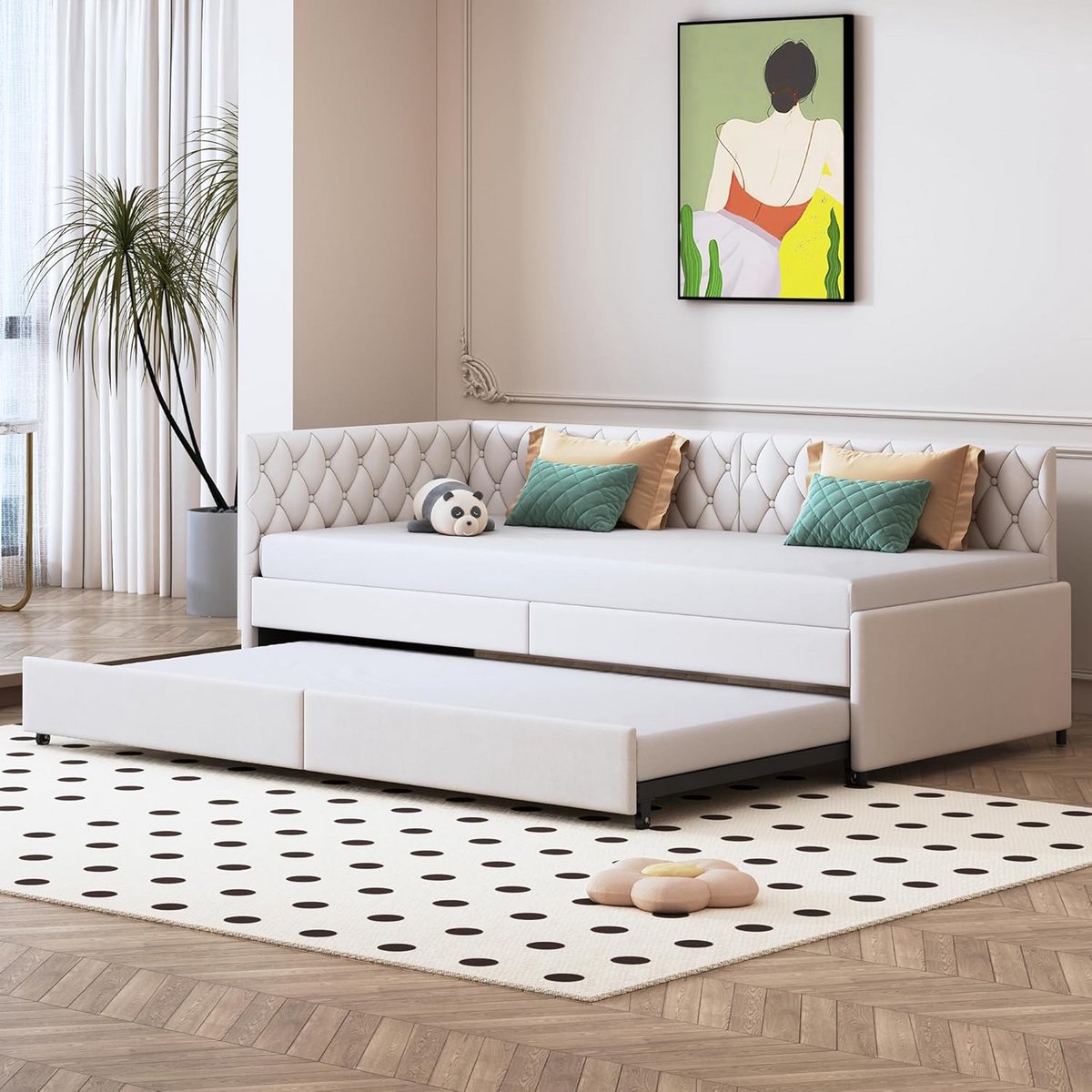 Uitschuifbare Slaapbank 90x200 cm - 2-zits Bank met Lattenbodem, Beige Fluweel
