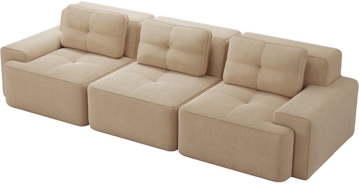 Merax Cloudbank 3-Zits - Beige Ribstof Bank 293 cm - Modulaire Loungebank - Diepe Zitting