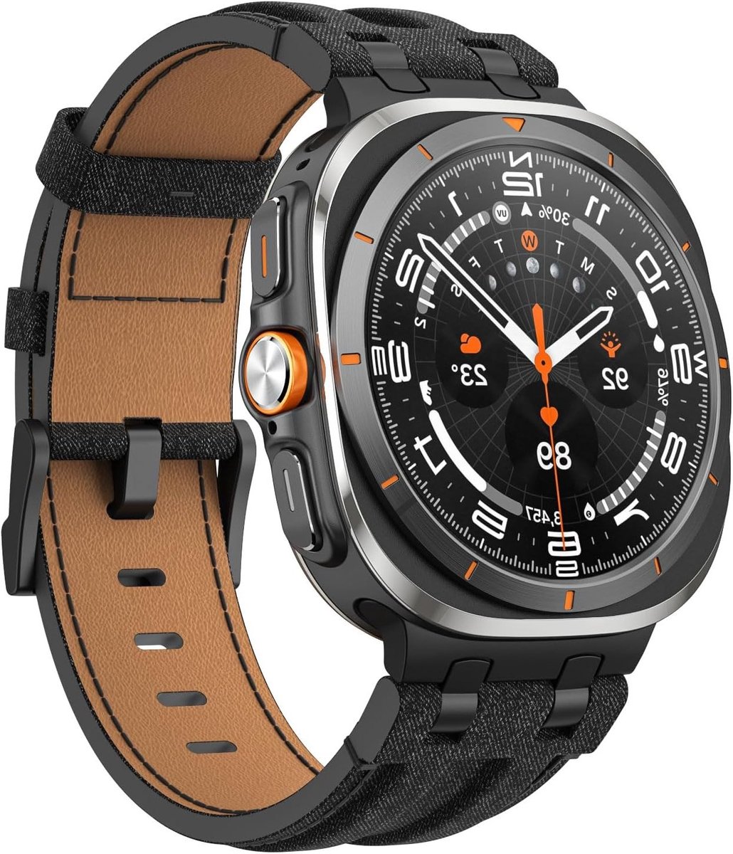 Leren Horlogeband voor Samsung Galaxy Watch Ultra 47mm - Vervangband van Echt Leer met Metalen Connector voor Mannen, Zwart en Denim Zwart