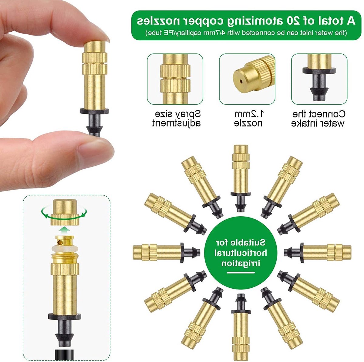 Set van 20 Verstelbare Messing Mistdoppen voor Drip Irrigatie, Micro Sprinklers voor Tuin en Groenten