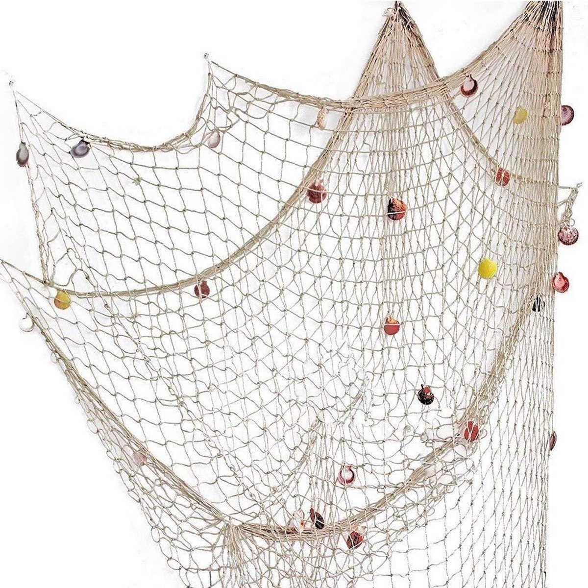 MTTproducts- Visnet Decoratief 200 x 150 cm - Katoenen Draad - Schelpen - Mediterrane Stijl - Wanddecoratie - Romantische Sfeer - Decoratievisnet