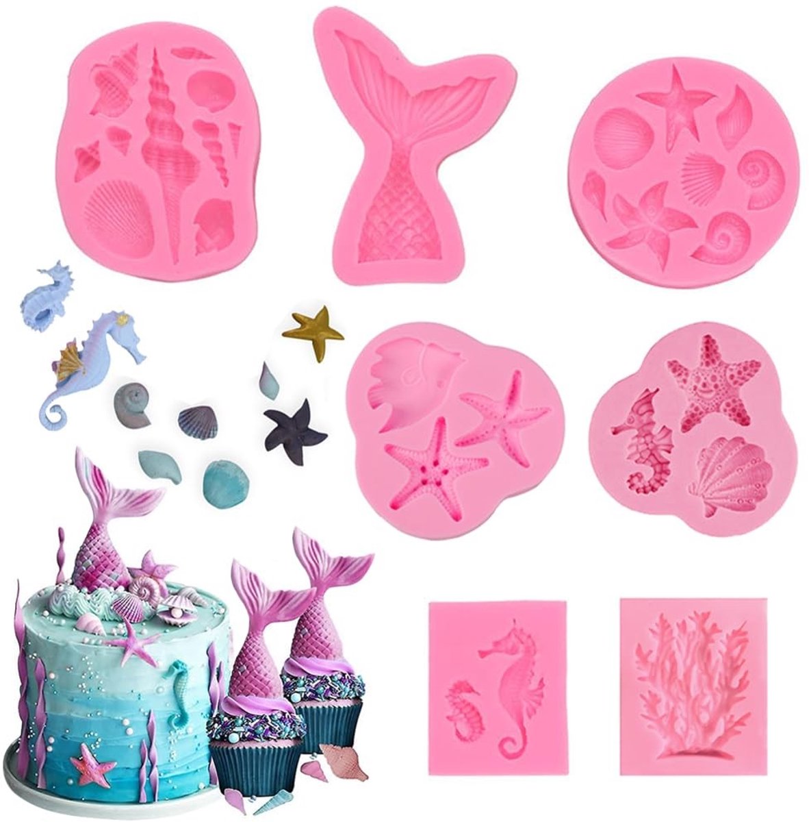 Cosensi- Siliconen Vormen 7 Stuks - 3D Zeedieren - Fondant Mallen - Taartdecoratie - Silicone Vormen - Afmetingen 11 x 6,5 x 1,7 cm - Bakvormen