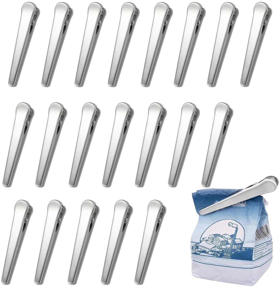 Cosensi- Voedselopslagclips 20 Stuks - Roestvrij Staal - Voorzakken - Vershoudclips - Keukenaccessoires - 8.2 cm - Voedselclips