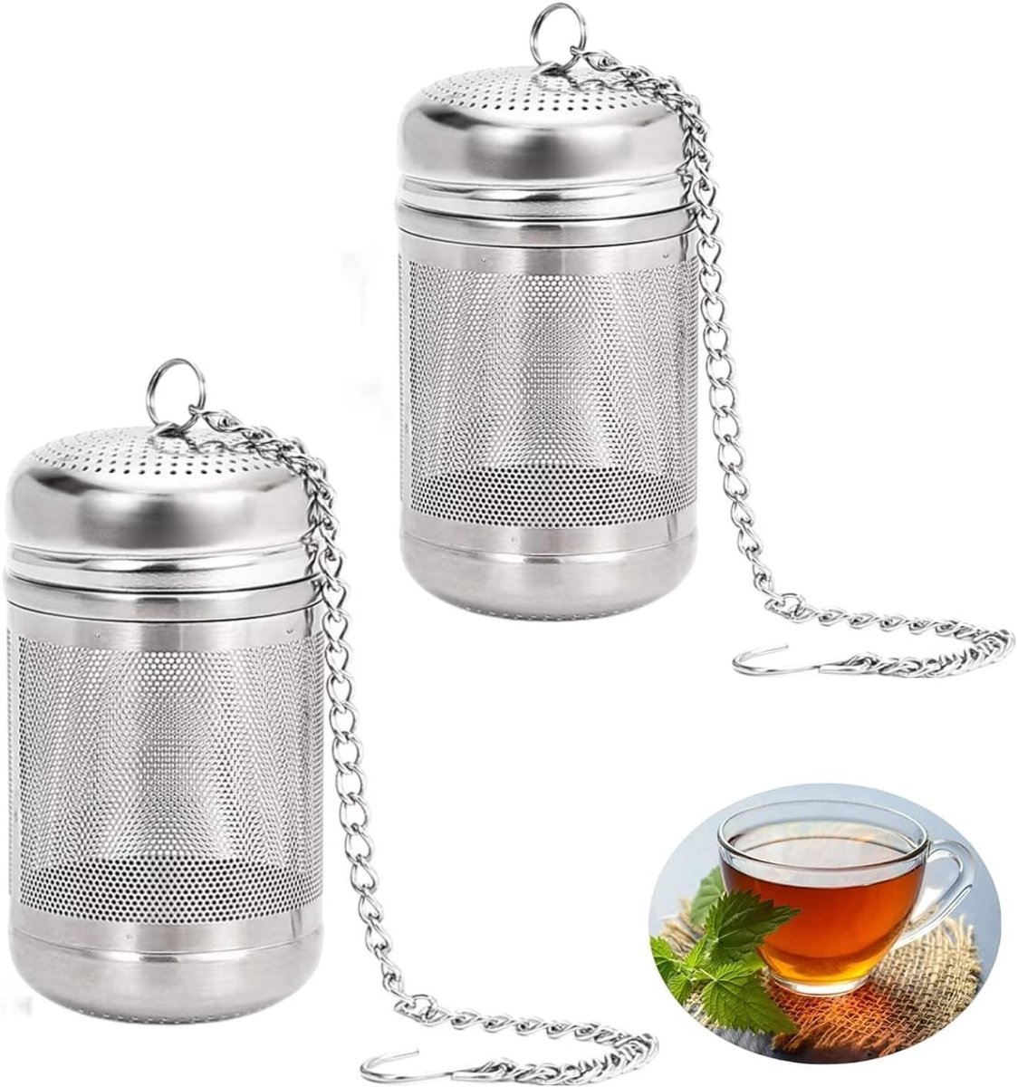 Cosensi- Theezeef 2 Stuks - Roestvrij Staal 304 - Extra Fijn Theefilter - Thee Infuser met Kettinghaak - Vaatwasmachinebestendig - Veilig Schroefdraaddeksel