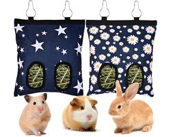 2 stuks Konijn Hooivoerzak - Voederzak Met 2 Gaten - Hooruif Cavia - Hangende voerzak - Stoffen Hooiruif Met Haakjes - Voorkomt Verspilling - voor konijnen en cavia's - 19x24cm