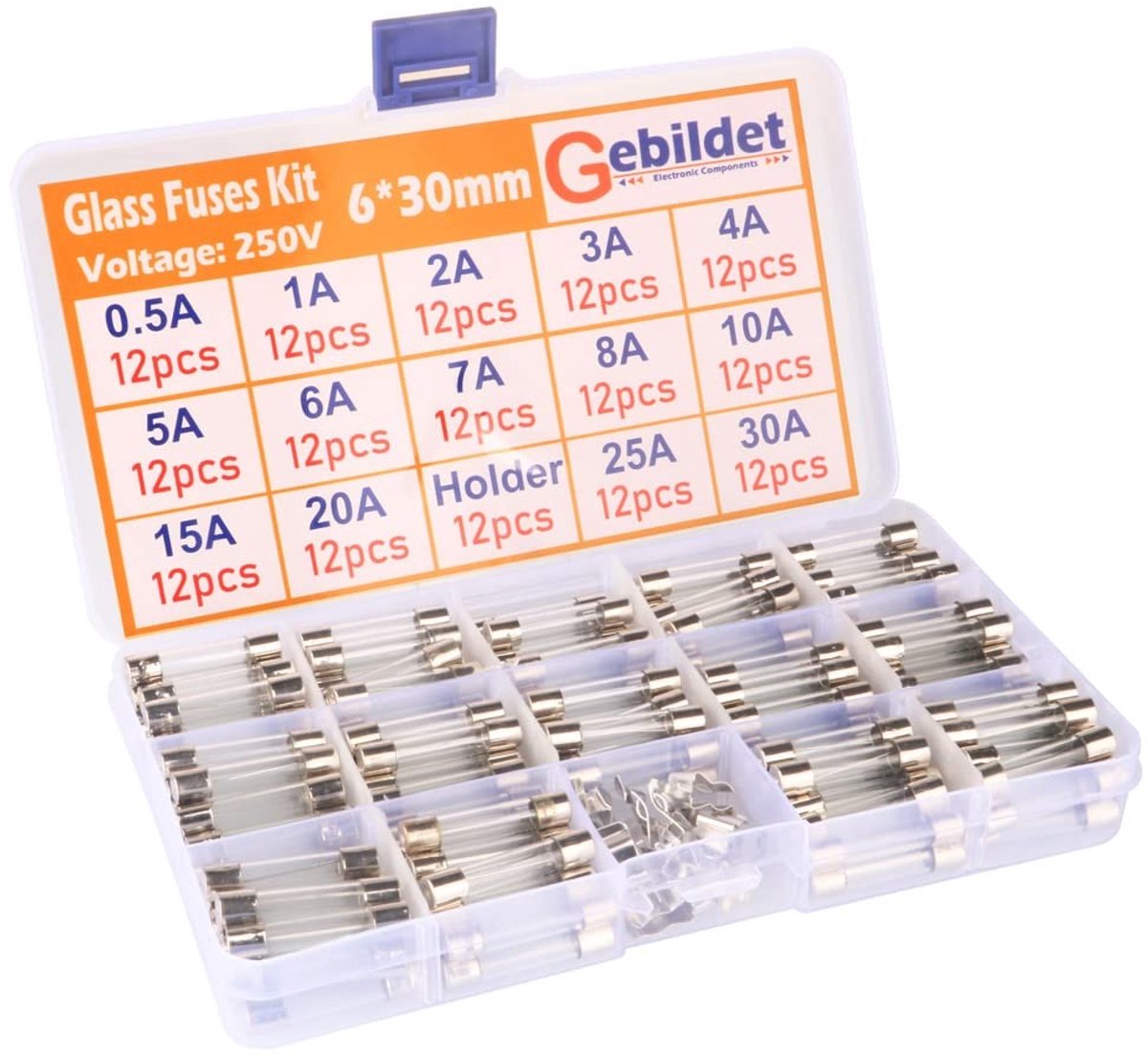 Byshayne - Glass Tube Fuse - Assortiment van 168 stuks - Inclusief fusehouders - 6×30mm - Snelle beveiliging - Geschikt voor auto en huishoudelijk g...