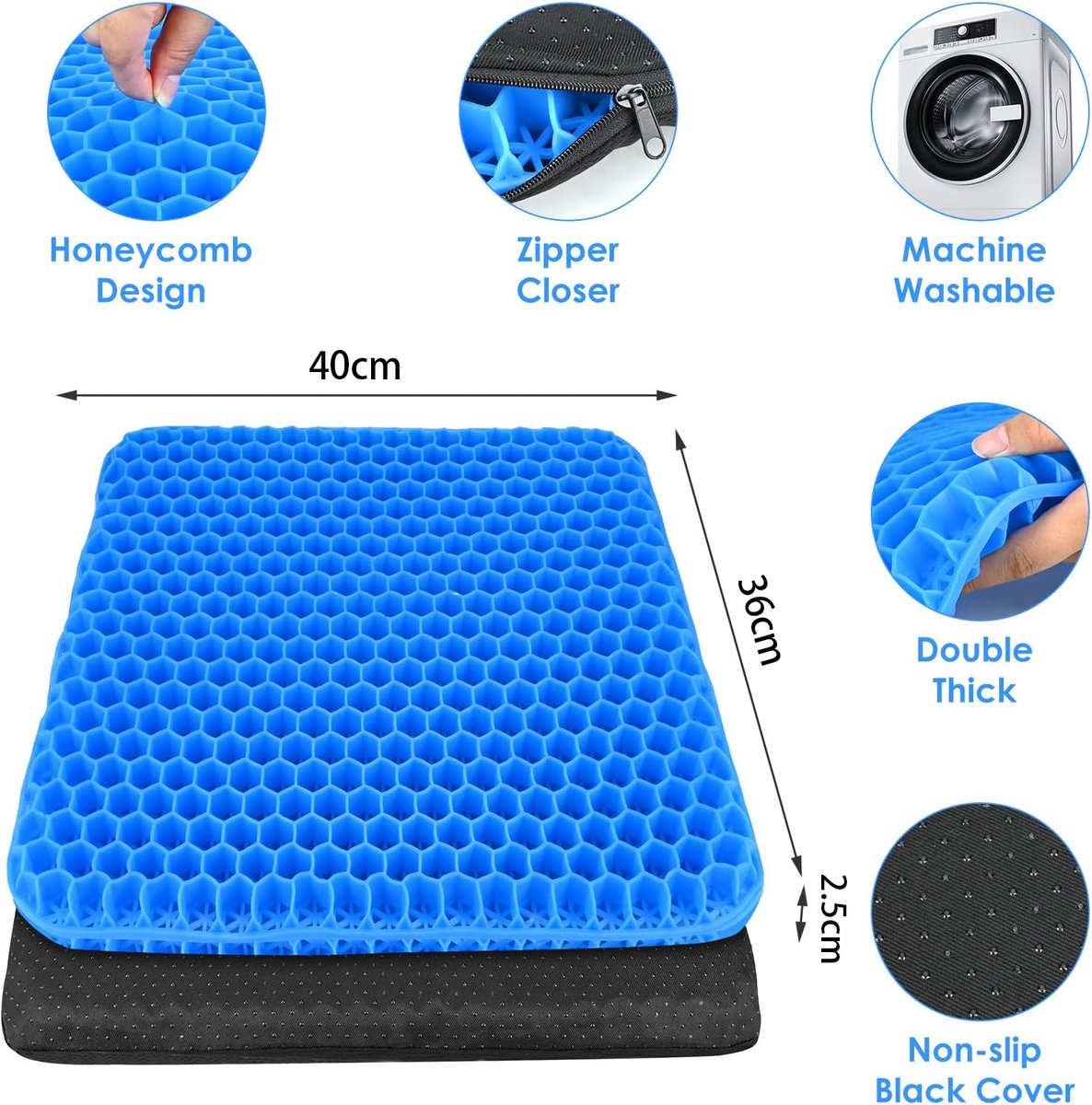 Gel Seat - ZitKussen Orthopedisch - Met Antisliphoes - Verkoelende Gel - Ergonomisch - Gelkussen - Drukverlangende Gel Zitkussen - Stuitkussen - Honingraatvorm - Ventilerend - Thuiswerken - Voor Rolstoel, Auto, Kajak En Bureaustoel - Blauw – foto 5