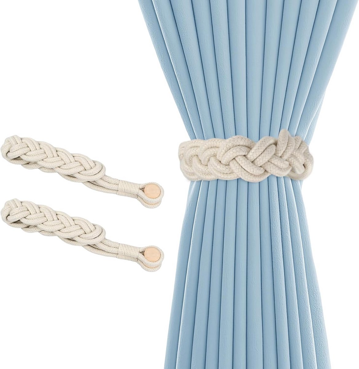 2x Magnetische Gordijnhouders zonder Boren - Boho Touw Gordijnbinder Beige - Katoen Linnen