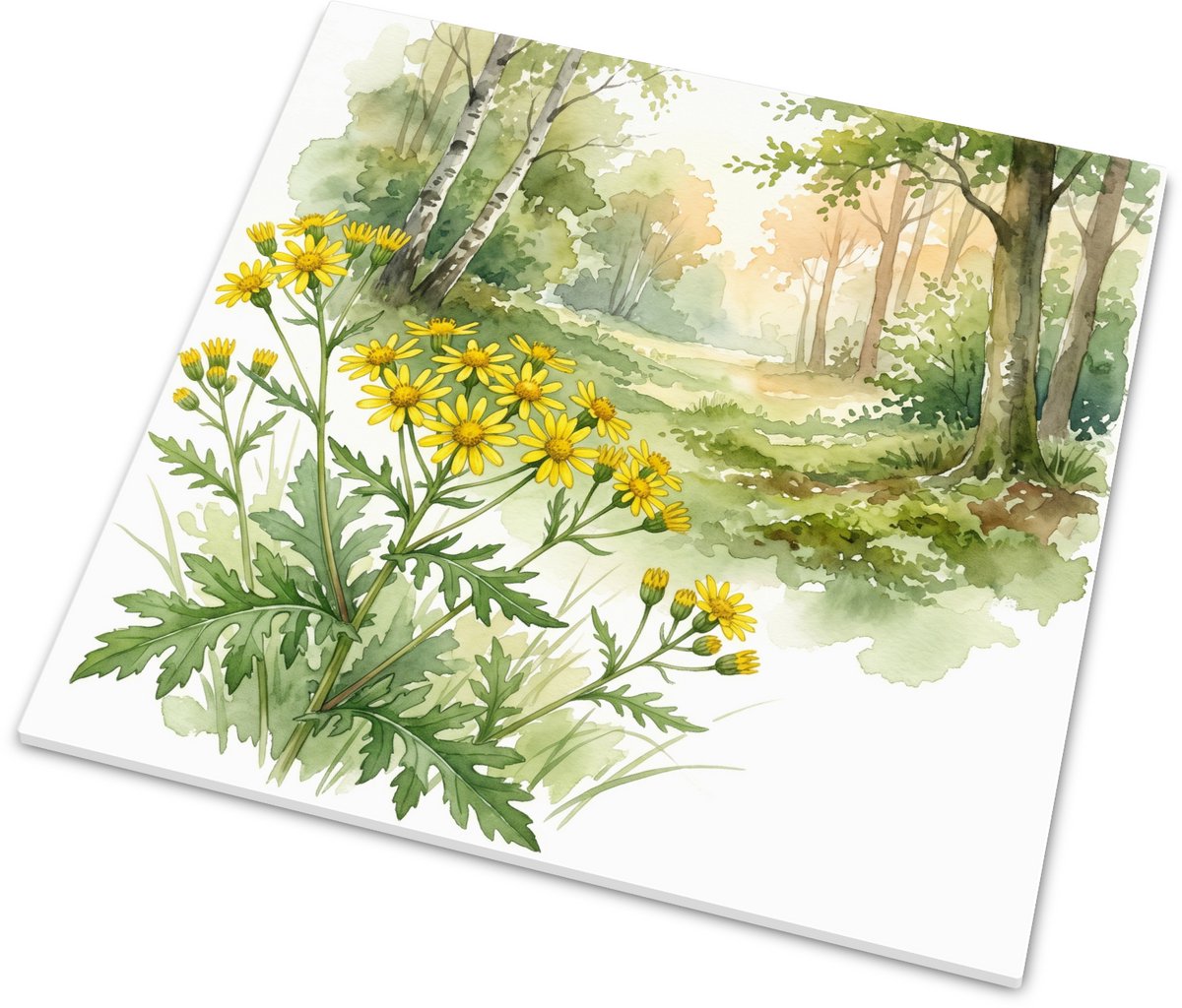 Tegeltje Schaduwkruiskruid in het Bos - Glanzend Wandtegeltje met Gele Bosbloemen Aquarel 