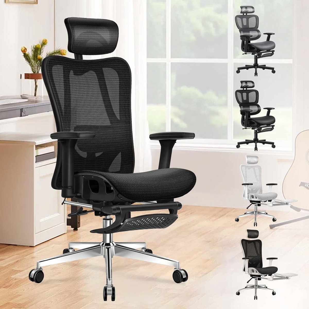 ALFORDSON Oswin, Ergonomische bureaustoel, SGS-gecertificeerde gascilinder, capaciteit 180 kg, bureaustoel met verstelbare lendensteun, intrekbare voetensteun, gamingstoel, zwart