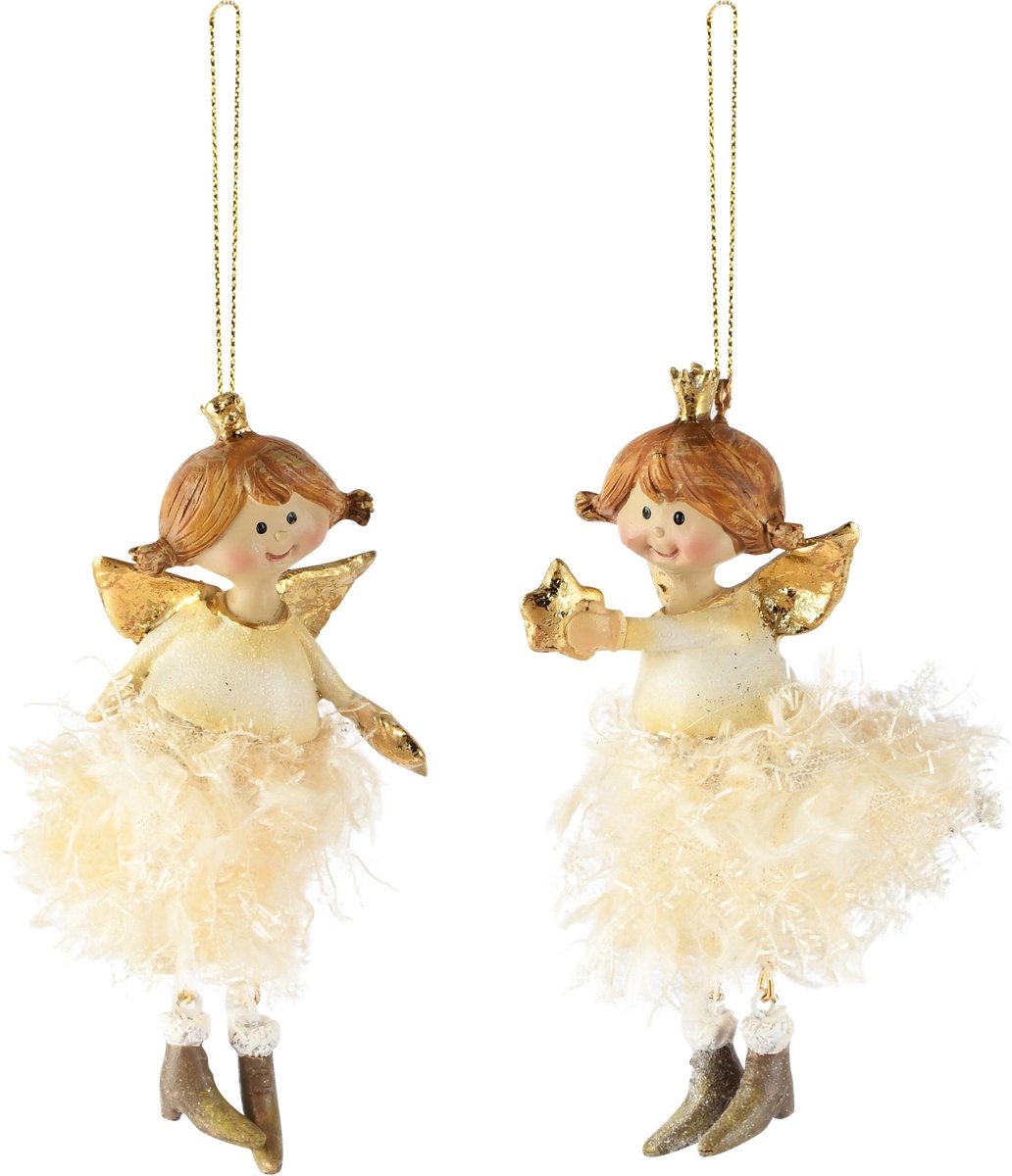 Dekoratief | Hanger engeltje m/ster, beige/goud, resina, 6x5x12cm, set van 2 stuks | A265133