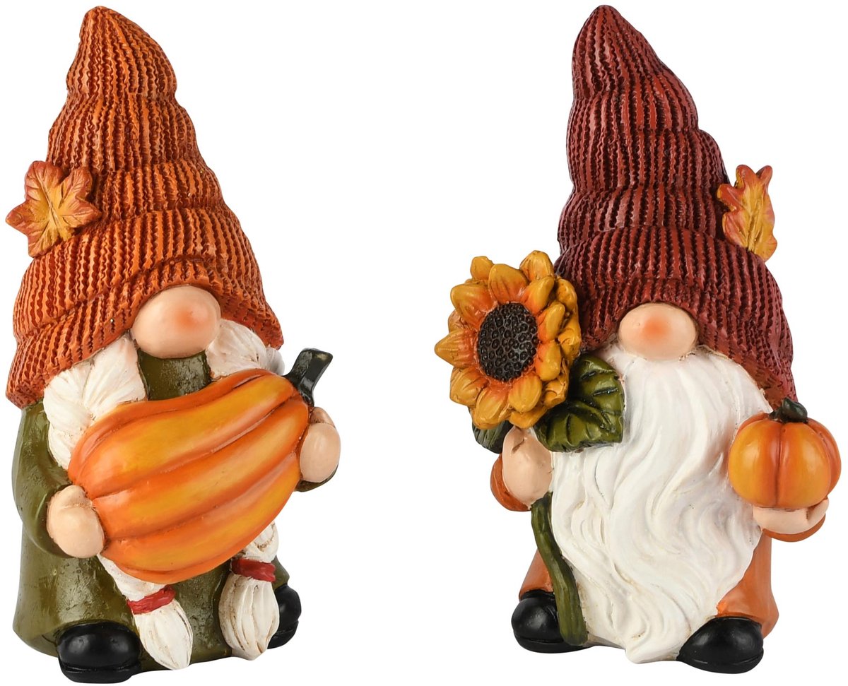 Dekoratief | Herfstgnoompje m/pompoen, oranje/groen, resina, 9x7x14cm, set van 2 stuks | A265447