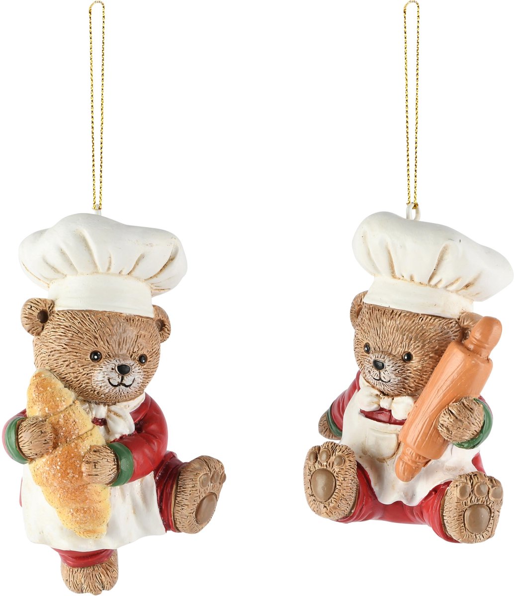 Dekoratief | Hanger bakker beertje, bruin/wit, resina, 6x6x10cm, set van 2 stuks | A265429