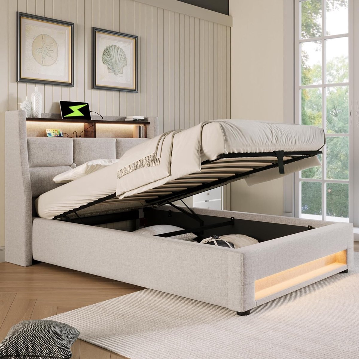 Eenpersoons Bed 90x200 met Opbergruimte en LED Hoofdbord met USB Opladen, Beige