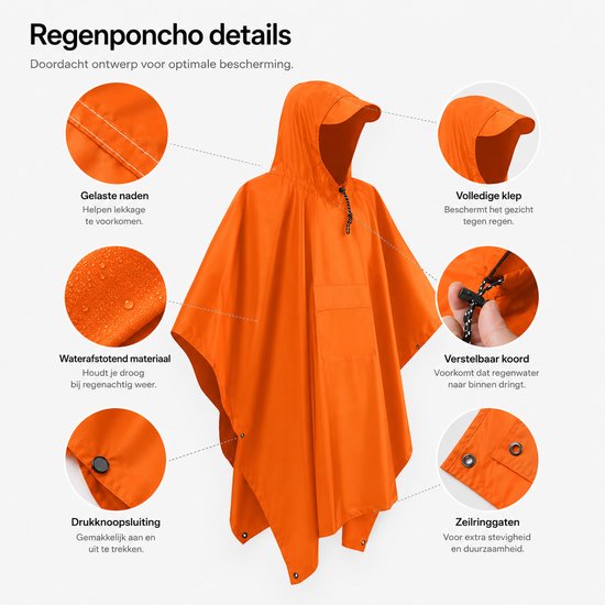Details van oranje poncho: gelaste naden, waterafstotend materiaal, drukknoopsluiting, volle klep, verstelbaar koord, zeilringen.