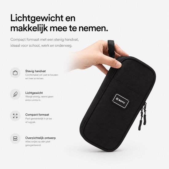 Hand die een zwarte BOTC etui vasthoudt. De etui is lichtgewicht, compact en heeft een stevige handvat.