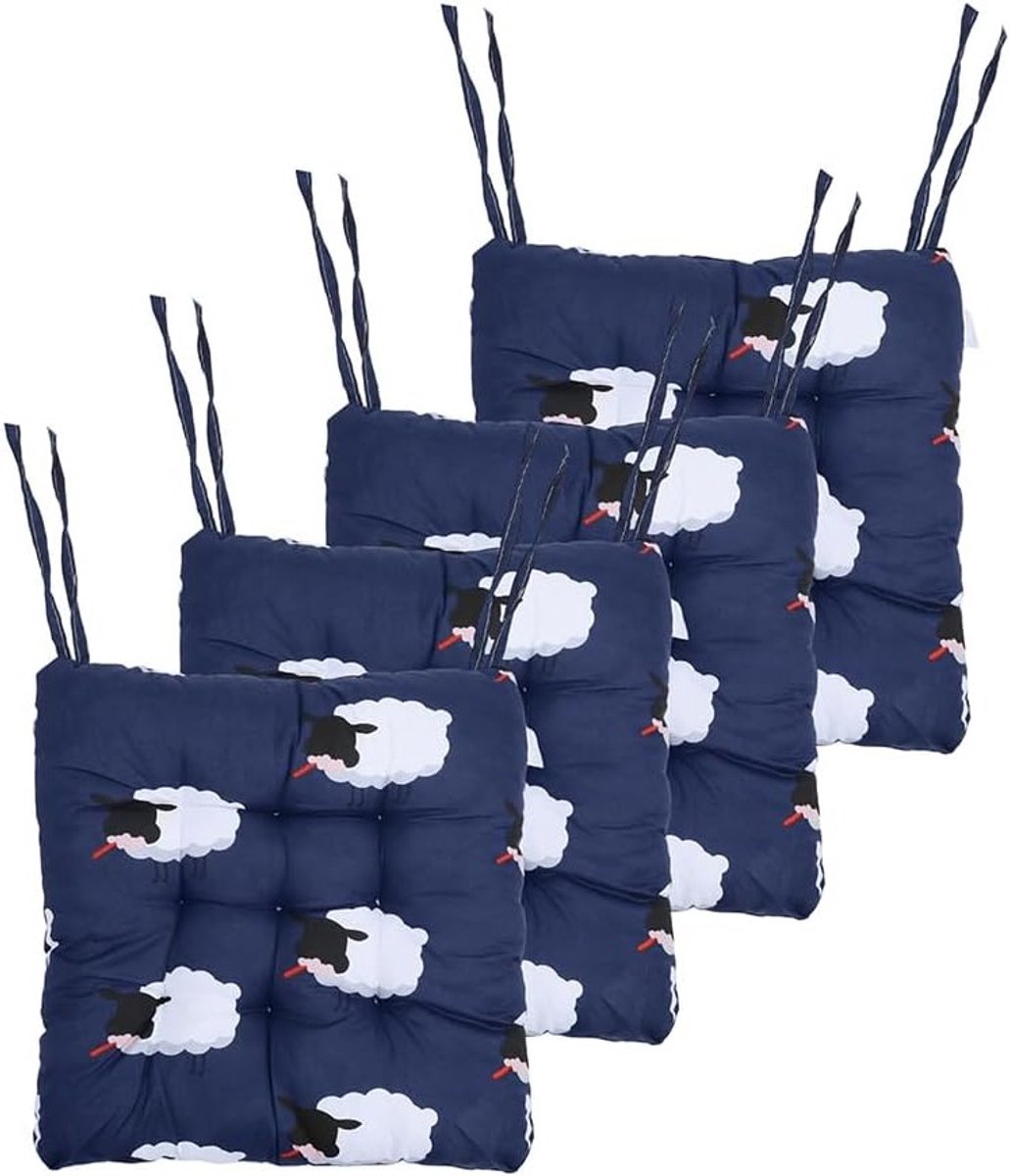 Set van 4 Cartoon Stoelkussens 40 x 40 cm met Touwen voor Tuinstoelen, Eetkamer en Studie - Blauw Schapen Ontwerp, Comfortabele Zitkussens voor Binnen en Buiten