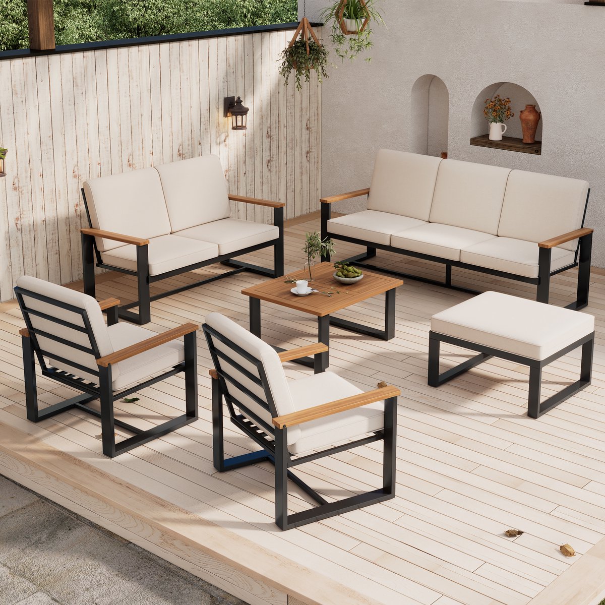 Zubaliya Tuinmeubelset - 6-delig Beige - Acaciahout & Verzinkt Staal - Hoge Rugleuning - Industrieel Design