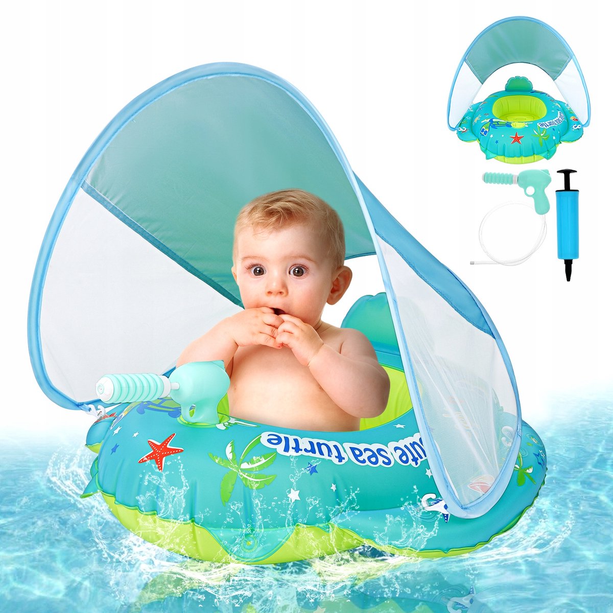 Opblaasbare Kinderzwemband Blauw – Met Zonnekap (UPF 50+), Comfortabele Zitting, Incl. Pomp – Dubbele Luchtzakken voor Stabiliteit – Geschikt voor Baby's & Peuters