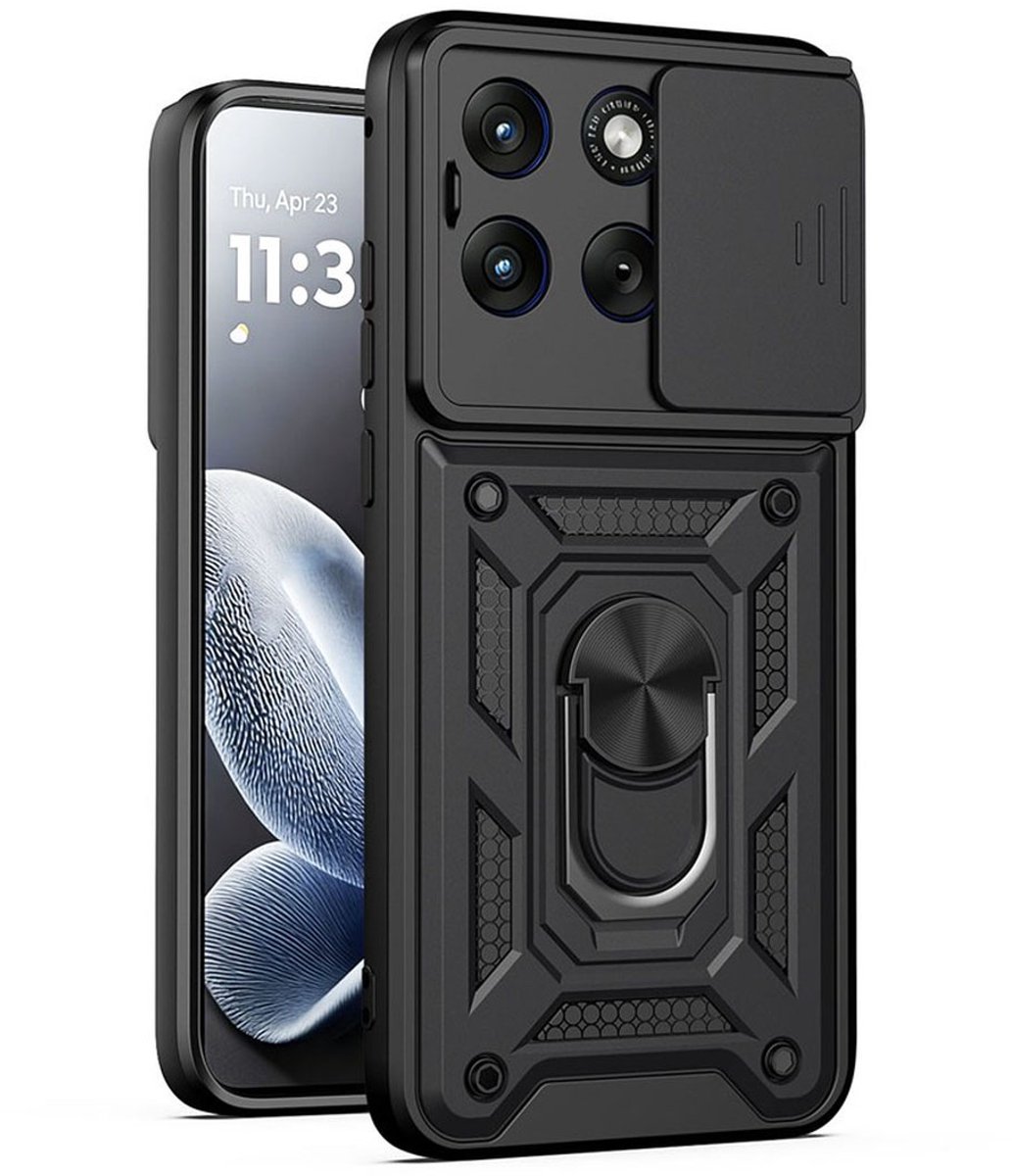 MobyDefend Hoesje - Geschikt voor Motorola Edge 70 Fusion - Pantsercase Met Draaibare Ring - Zwart
