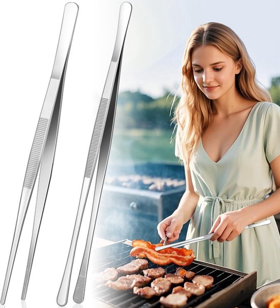 2-pack van 30 cm kookpincetten, roestvrijstalen keukenpincetten met dubbelzijdig ontwerp en antislip handgrepen, kokspincet voor frituren, serveren, pasta, grillen, airfryer en voedselbereidingsgereedschappen