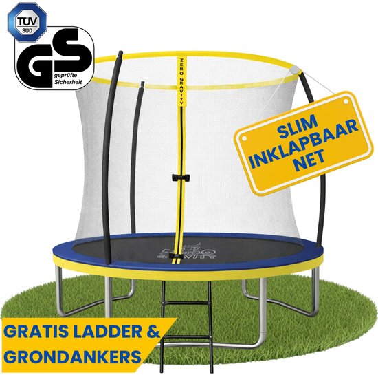 Trampoline met blauwe rand, gele accenten, veiligheidsnet en ladder. "SLIM INKLAPBAAR NET" en "GRATIS LADDER & GRONDANKERS" in geel.