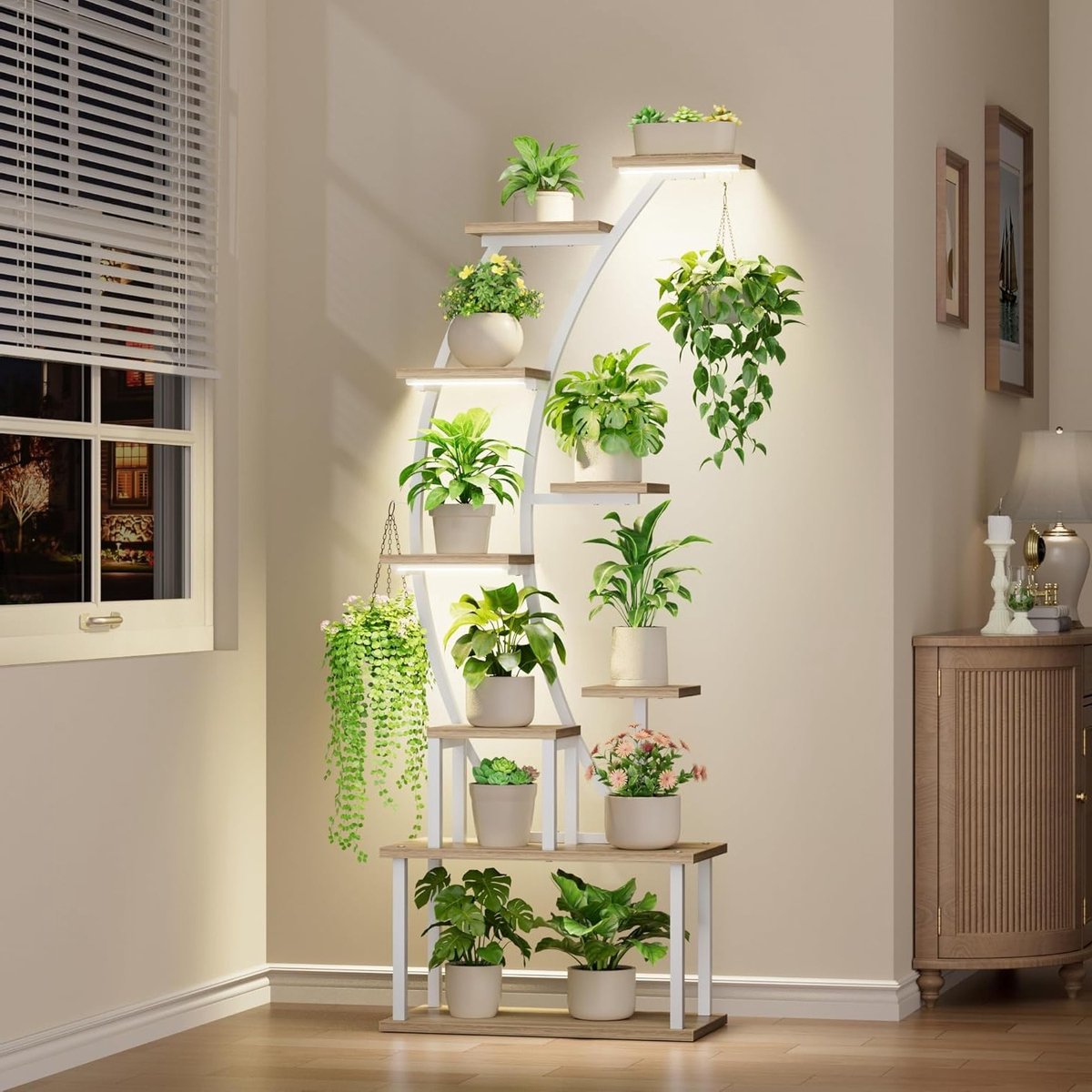 Plantstand met Groeilamp - 9 Niveaus Bloemenrek 160cm van Metaal en Hout - Decoratief Plantenrek voor Binnen en Buiten, Ideaal voor Tuin en Balkon