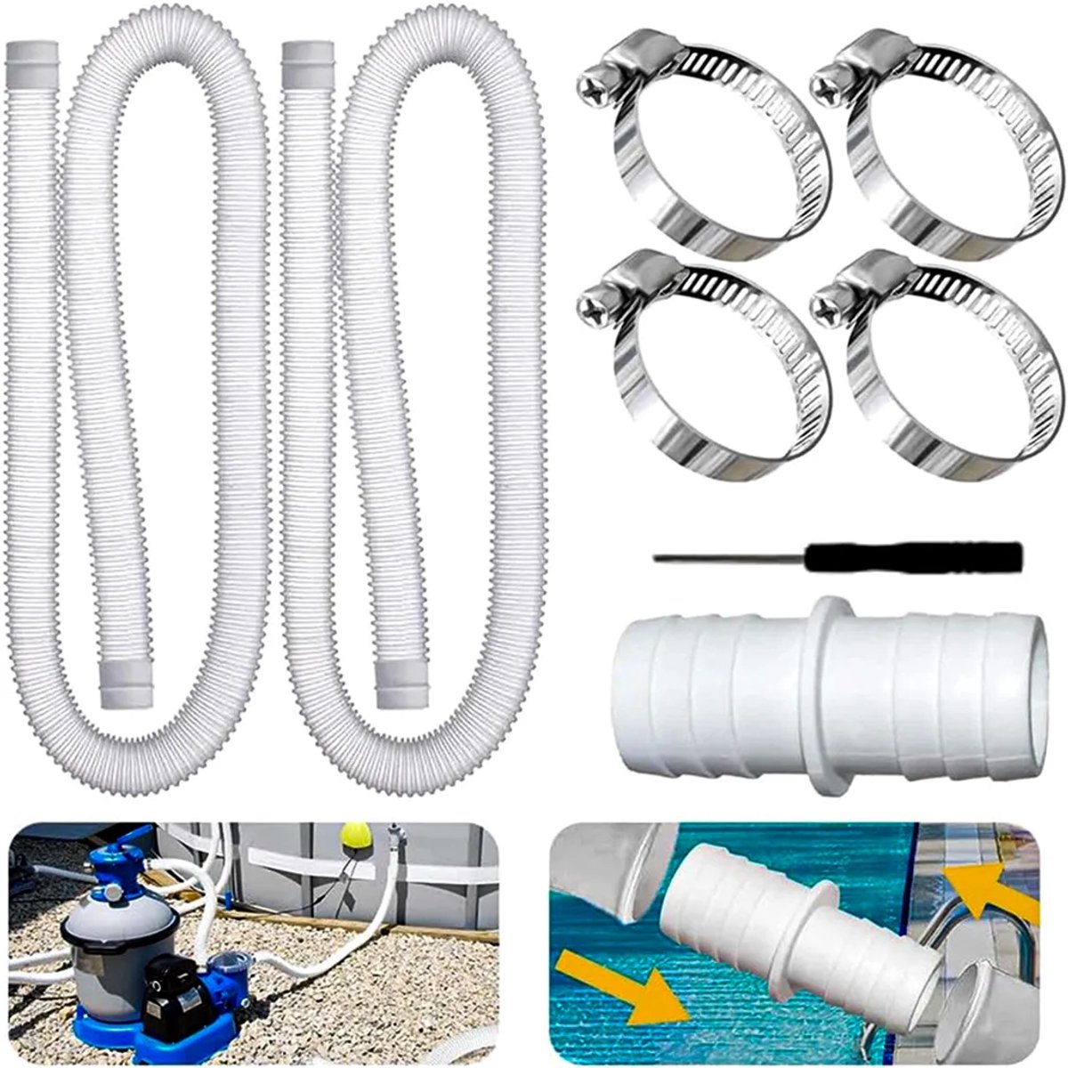 Twee zwembadpompslangen van 32 mm, totale lengte 150 cm, UV- en chloorbestendig, flexibele slangen, met bevestigingsclips - wit.