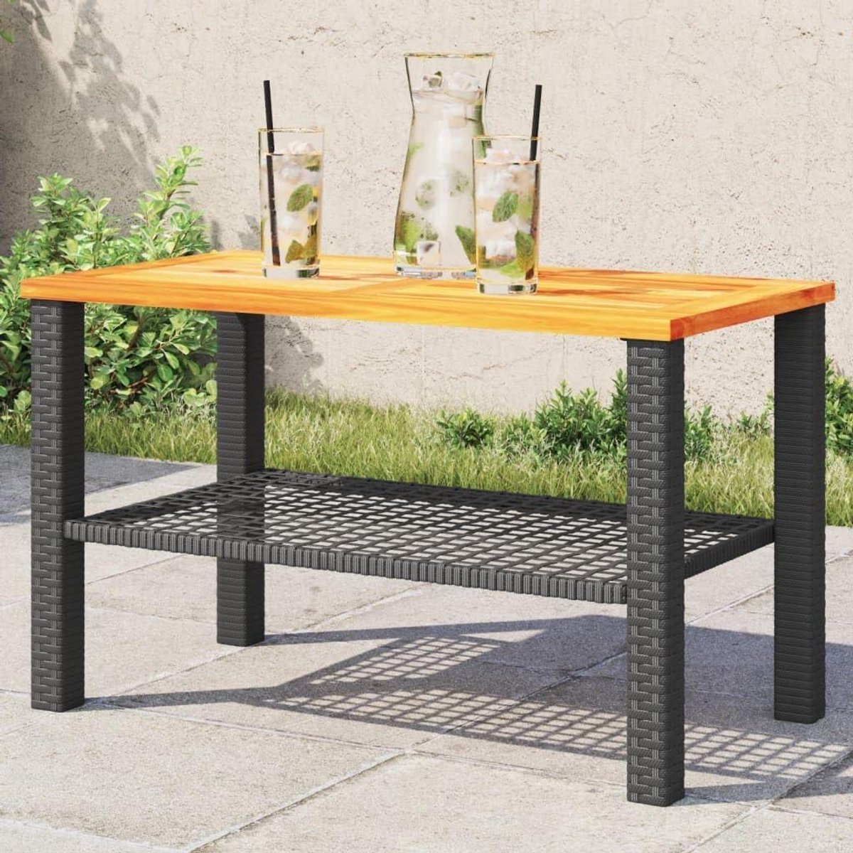 Tuintafel - Eettafel Balkontafel - Buiten Ontspannen - Polyrotan Acaciahout - 70 x 38 x 42 cm - Zwart