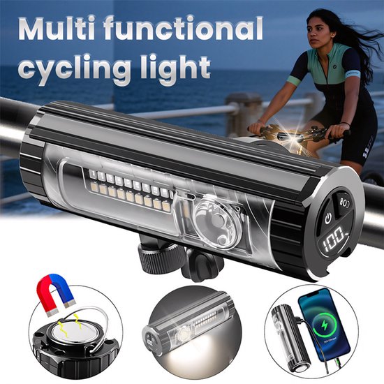 LED-fietsverlichtingsset – Voorlicht – Oplaadbaar via USB – Geschikt voor mountainbikes en racefietsen – Waterdicht ontwerp – Nood-powerbank voor telefoons — afbeelding 2