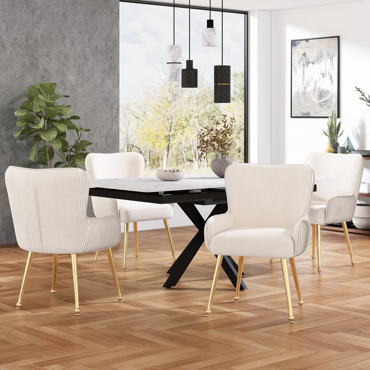 FloraGrace Eetkamerstoel – Luxe Verticale Rugleuning – Set Van 4 – Velvet – Beige En Goud – Met Armleuningen En Verstelbare Voeten