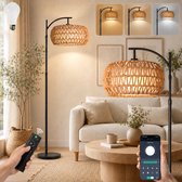 MUPOO Boho Rotan Kap vloerlamp met 360° draaibare arm- Hoogte Verstelbaar Staande Lamp met 3-in-1 Design & Traploos Dimbaar - Sfeerverlichting Woonkamer & Kantoor