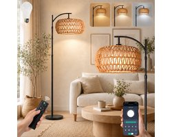 MUPOO Boho Rotan Kap vloerlamp met 360° draaibare arm- Hoogte Verstelbaar Staande Lamp met 3-in-1 Design & Traploos Dimbaar – Sfeerverlichting Woonkamer & Kantoor