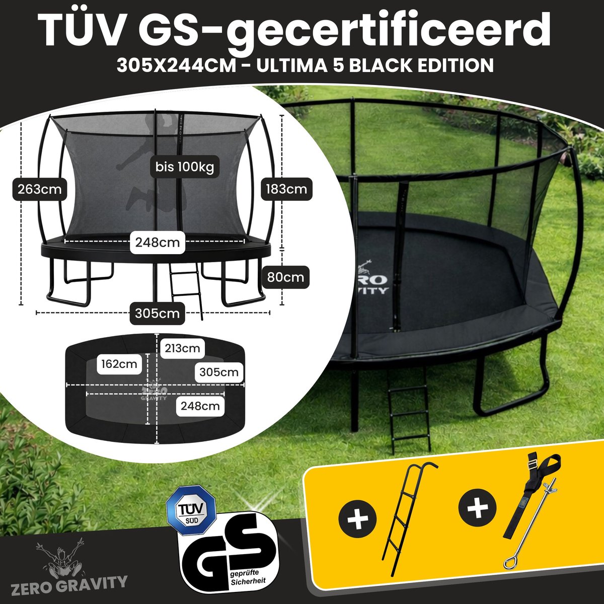 Zero Gravity trampoline 305x213cm rechthoekige – kindertrampoline met slim opvouwbaar veiligheidsnet – incl. ladder en grondankers – max. 100 kg - rechthoekige/ovale tuintrampoline - Ultima 5 Black Edition — afbeelding 5