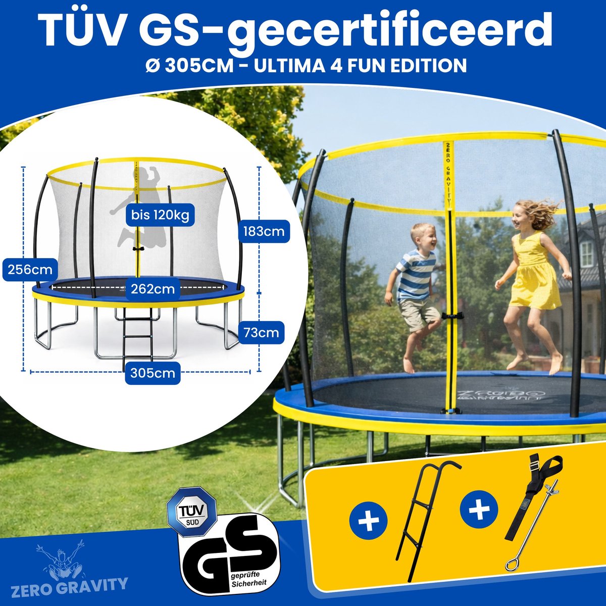 Zero Gravity trampoline Ø 305 cm – kindertrampoline met slim opvouwbaar veiligheidsnet – incl. ladder en grondankers – max. 120 kg - ronde tuintrampoline - Ultima 4 Fun Edition — afbeelding 5