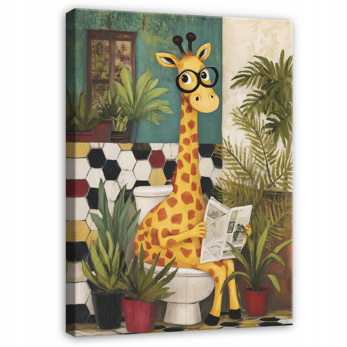 WALLARENA - Schilderij op canvas - 90x60 cm - grappige giraf op toilet met krant - badkame