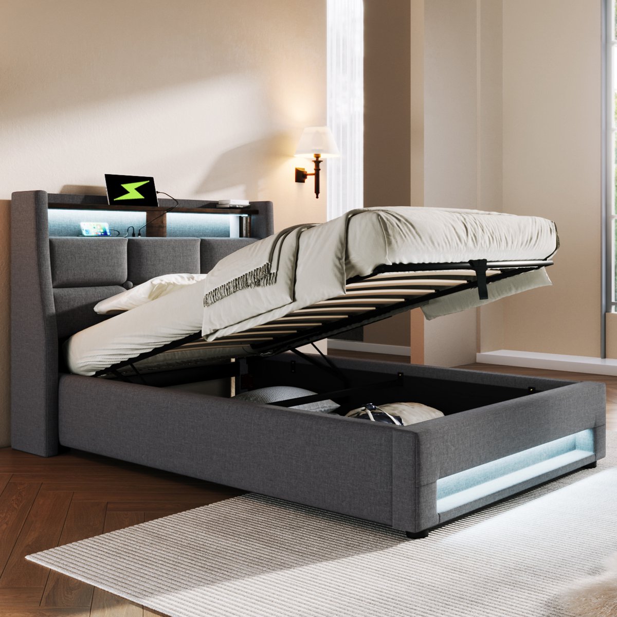 HAUSS SPOLE Gestoffeerd Bed 90x200 cm - Met USB En Ledverlichting - Met Opbergruimte - Zonder Matras - Linnen - Grijs