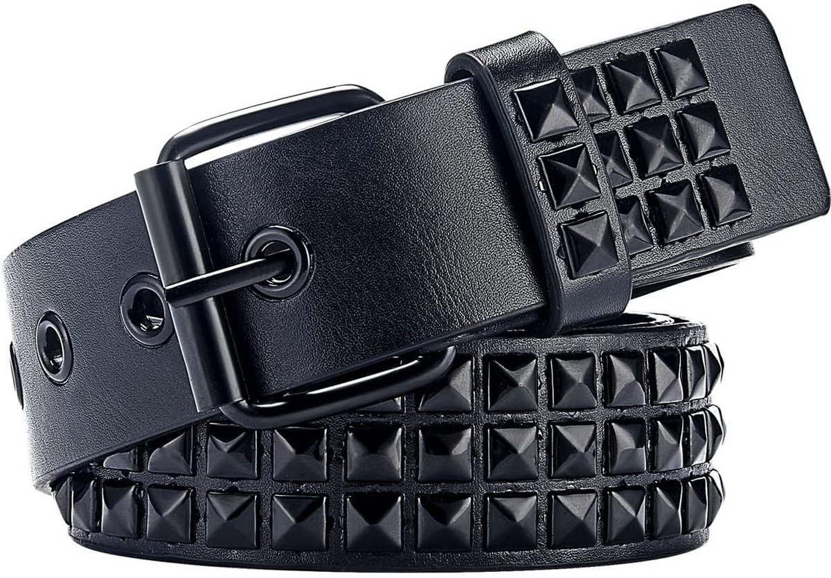 carmdering - Riem - Pu Lederen Riem - Studs Riem - Stijl 1, 3,8 cm breed, 114 cm lang - Drie rijen zilveren studs - Punk design, zwart pu-leer - Perfect voor feesten, cosplay en dagelijks gebruik