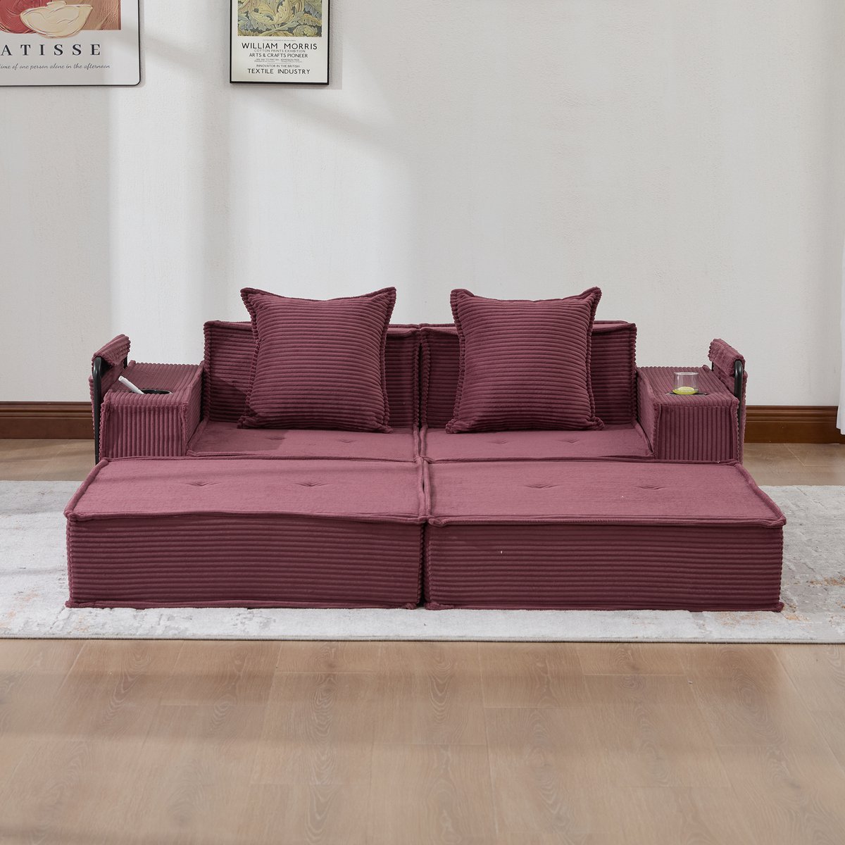 MODFU 2-Zits Bank - Met Opbergvakken En 2 Kussens - Scandinavisch - Voor Leeshoek - Ribfluweel - Wijnrood - 162 x 78 x 66 cm