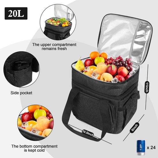 Tas-koeltas- Lunchtas voor Heren en Dames - 20L Grote Capaciteit Koeltas - Dubbeldeks Geïsoleerde Lunchbox Tas - Lekvrije Thermische Tas voor Werk, Picknick en Outdoor — afbeelding 3