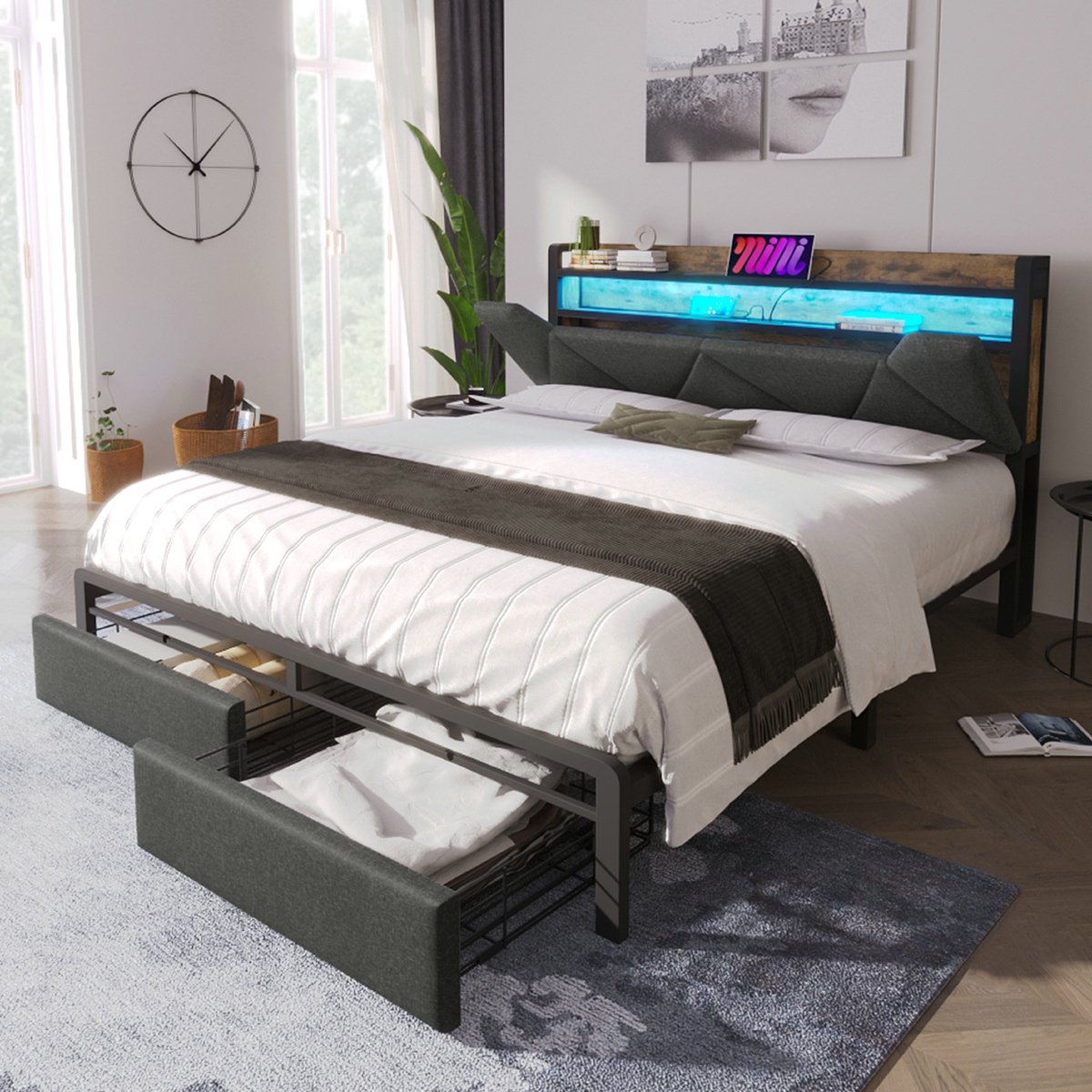 VVBV Bed met opbergruimte 160x200 / Tweepersoonsbed 160x200 – met Lades, LED-Verlichting, USB, USB-C, Lattenbodem – Hoofdbord – Metaal – Grijs Donkergrijs