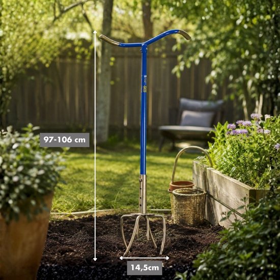 GardenClaw Tuinklauw GG921-06 - Woelvork voor het Losmaken en Beluchten van Grond - Cultivator met Ergonomische S-Handgreep - Grondwoeler Verstelbaar 97-106 cm - Blauw/Goud van Merkloos	 — afbeelding 2