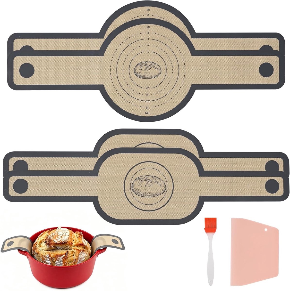 Herbruikbare siliconen bakmat voor brood en Dutch Oven, met handgrepen, deegschraper en kwast, eenvoudig schoon te maken, perfect voor bakken en koken, 4 stuks