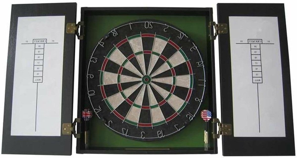 Dartbord met Kast - Traditioneel dartbord - Wedstrijd Darten - Inclusief Deuren - 45.5 cm Diameter - Meerkleurig
