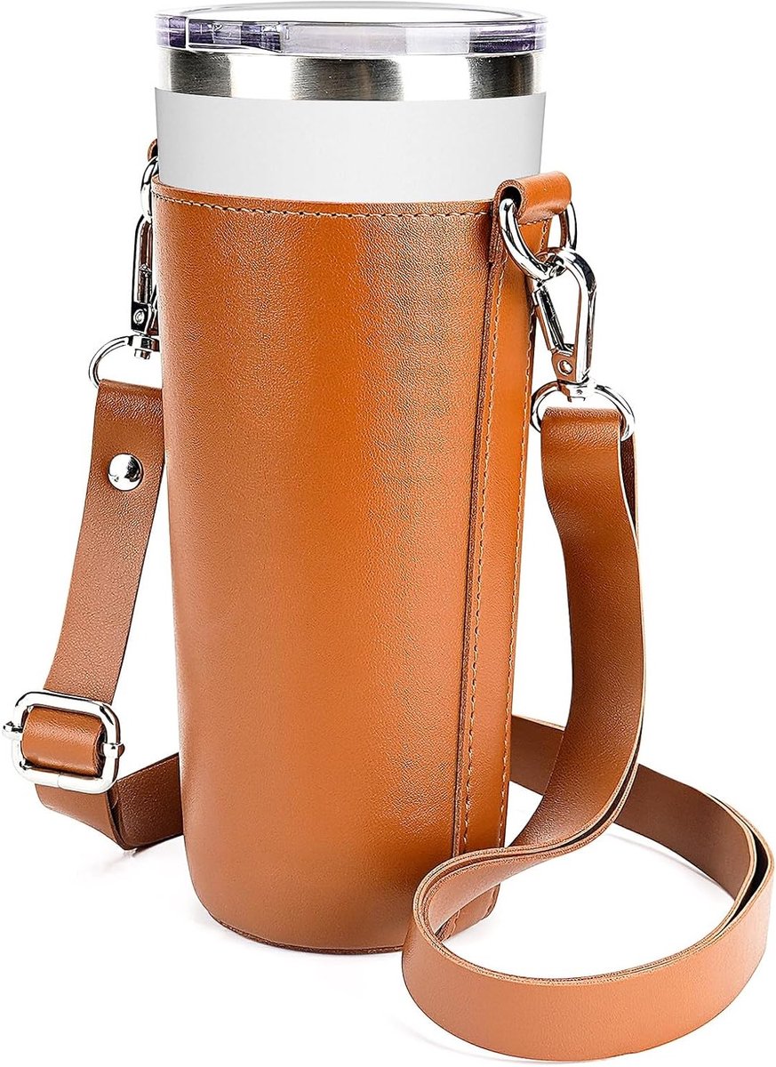 Vegan leren tote bag voor 24 oz en 20 oz tumblers, waterflessen en babydragers met schouderband, bruin