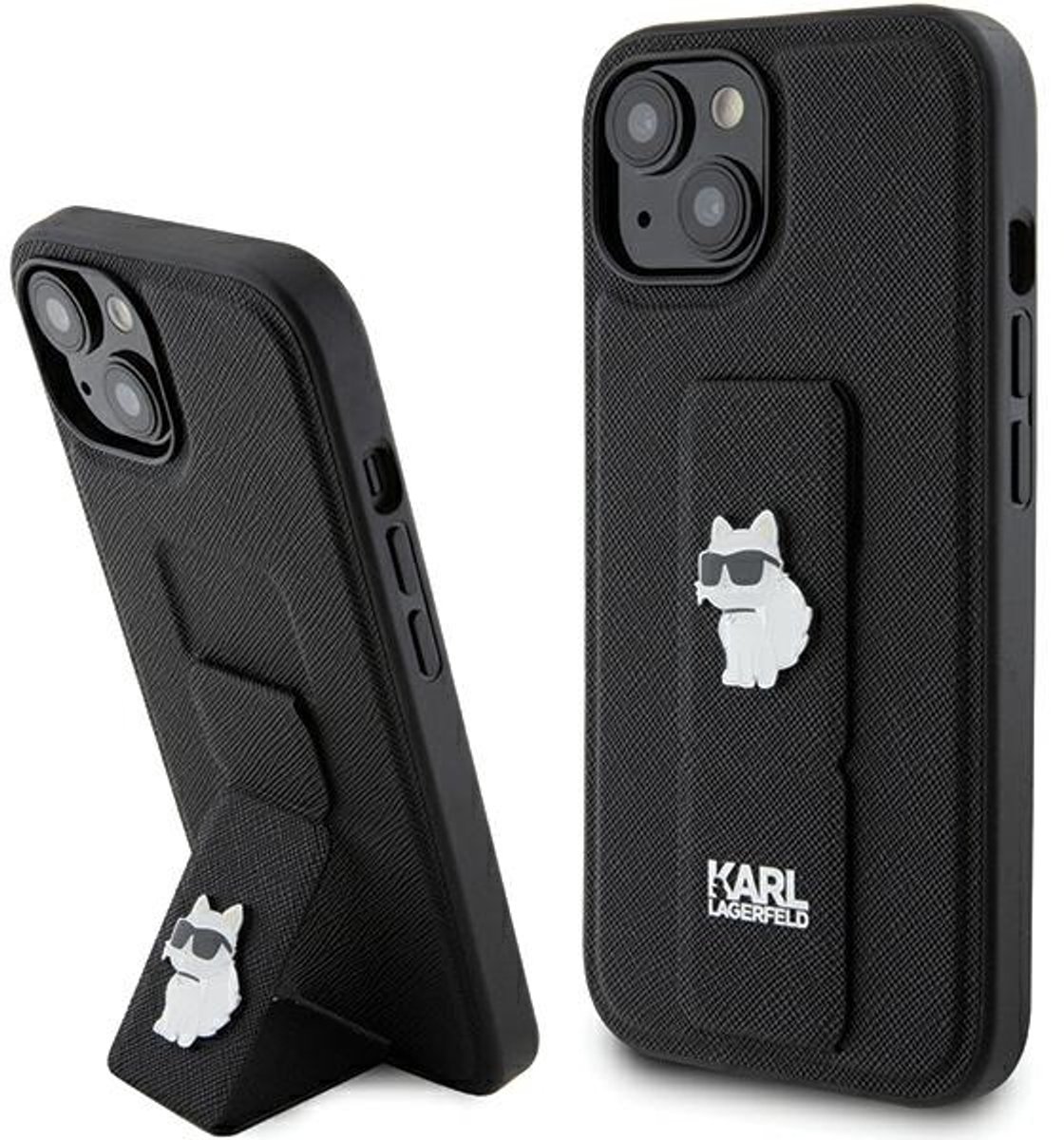 Karl - Lagerfeld - Gripstand Saffiano Choupette Pins hoesje voor iPhone - 15 - zwart