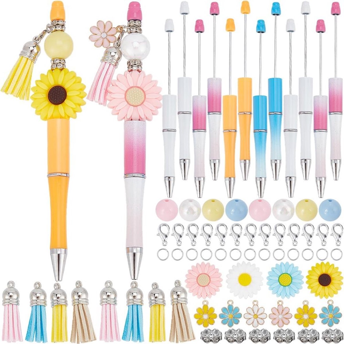 DIY 8 sets bloemenkralen pen maakset met siliconen kralen, zwarte inkt balpen en cadeau-ideeën voor leraren, studenten en verpleegkundigen
