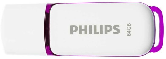 Witte Philips 64GB USB-stick met paarse accenten.