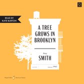 Boek "A Tree Grows in Brooklyn" door Betty Smith, voorgelezen door Kate Burton, met een illustratie van een boom en een gebouw.